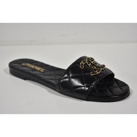 Chanel 23P Black Chain Gold CC Logo Quilted Mules Slide Sandal Slip On Flat 39 - Picture 4 of 12